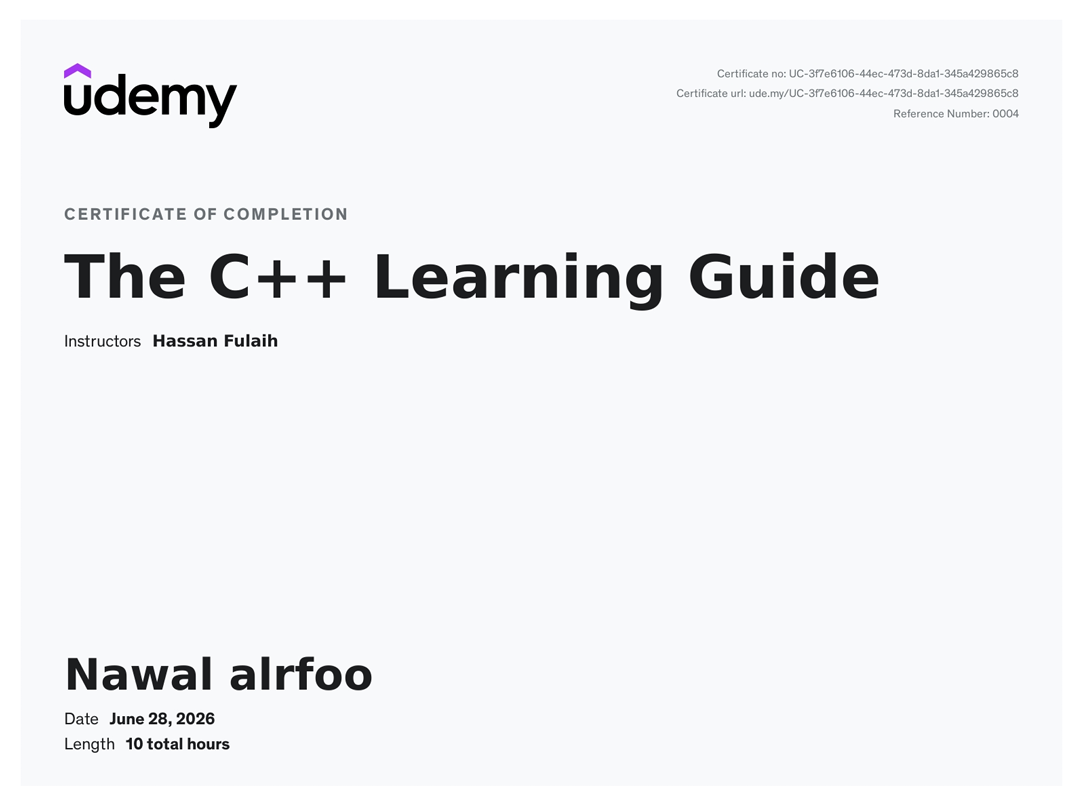 The C++ Learning Guide certificate